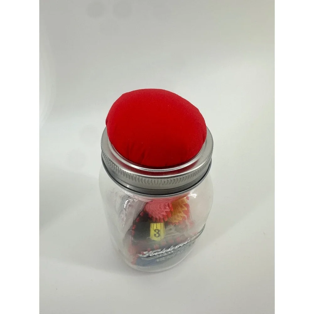 NEW Kikkerland Mason Jar Sewing Kit Red Pin Cushion Lid Glass Jar with Supplies